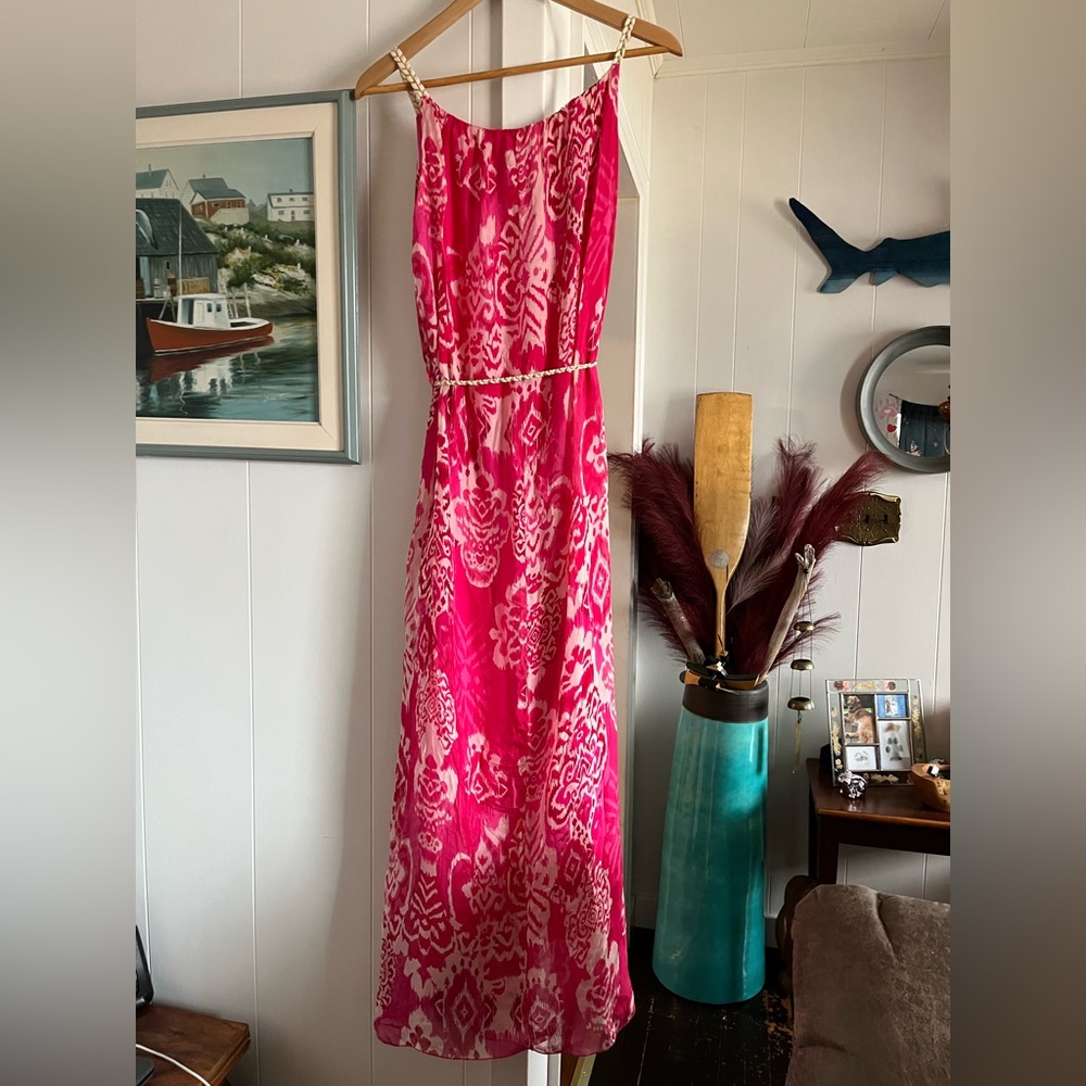 NWT Rosemarine Silk Blend Flowy Maxi Dress Belt Pink Patterned Italy Fuchsia new - Picture 3 of 12